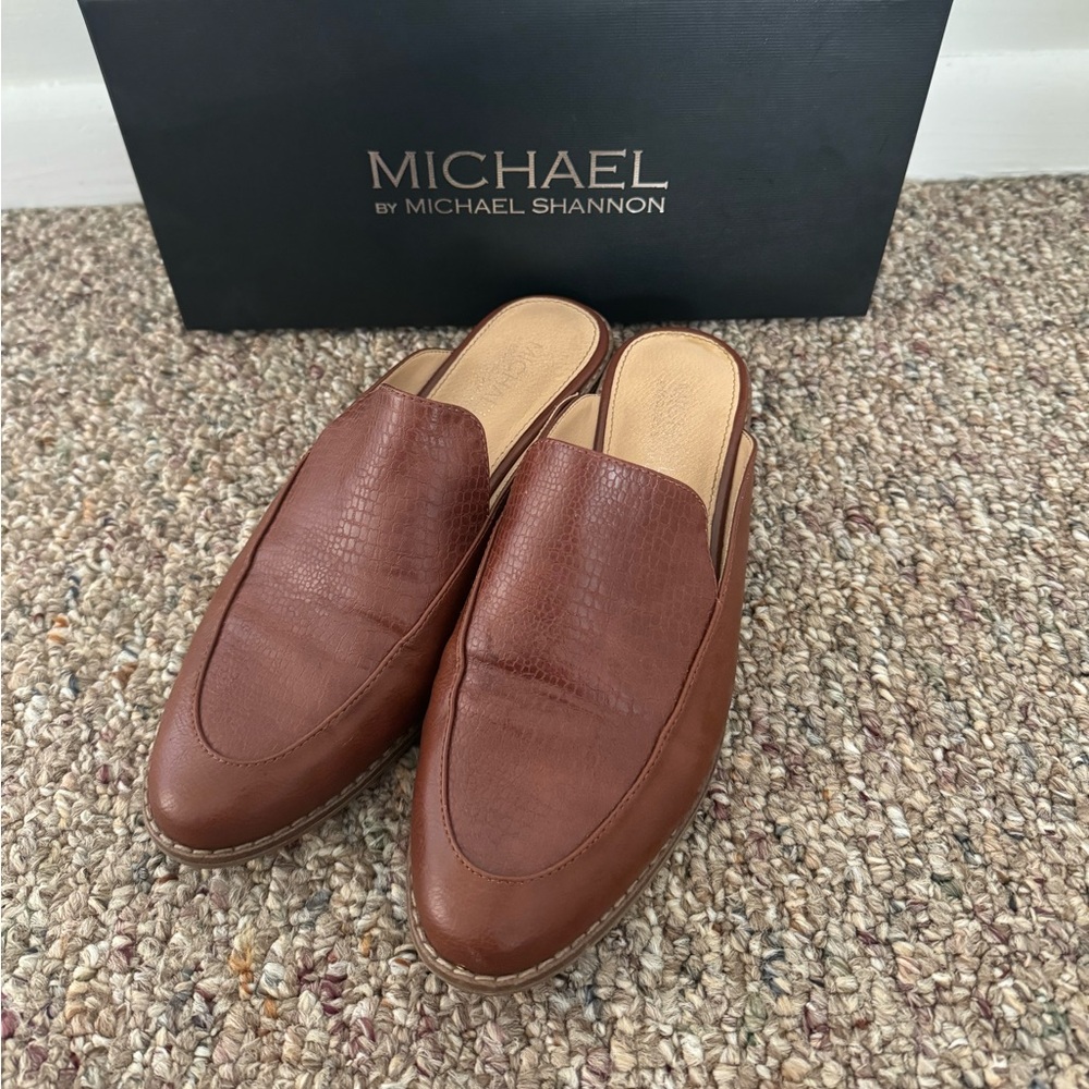 Michael Shannon Brown alligator open back loafers women’s